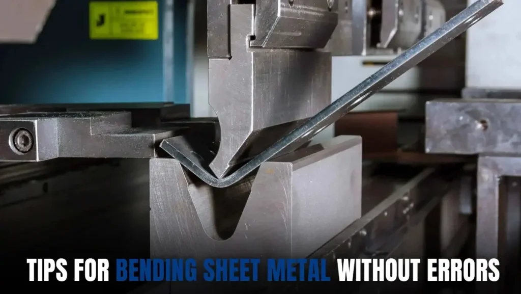 Metal sheet being bent by a press brake.