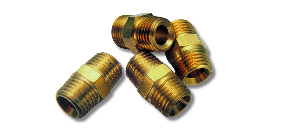 Bronze threaded fastener inserts on a white background