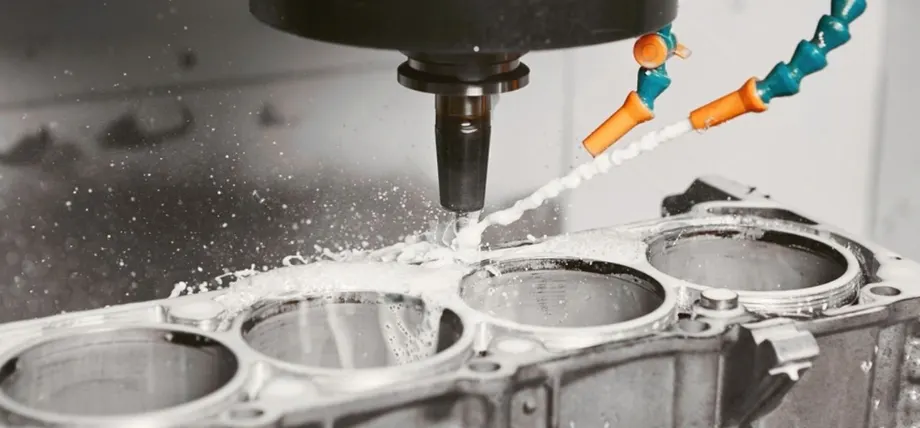 CNC milling machine grinds holes in car engine with coolant