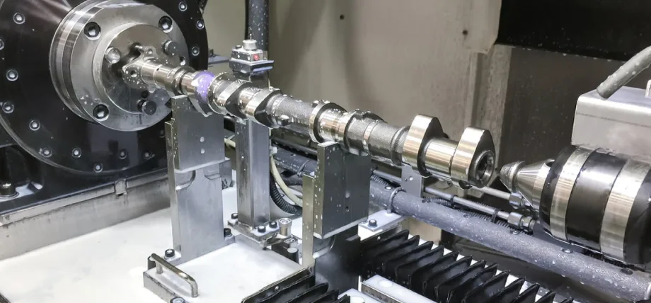 High-speed machining of a camshaft in a CNC center with fluid splatter.