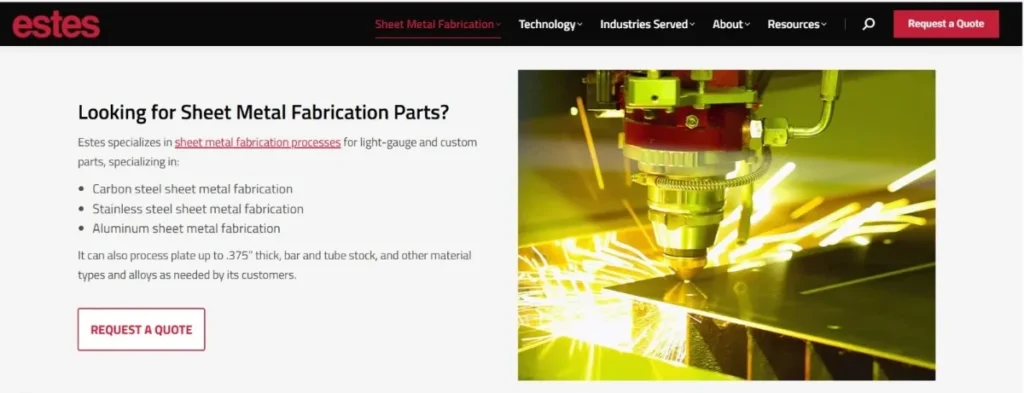 Easter’s sheet metal service page showcasing precision metalworking and manufacturing capabilities.