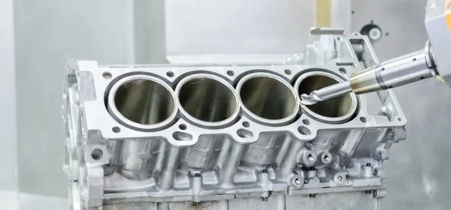 5 axis milling cutter above an engine block