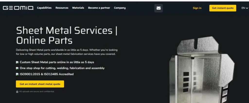 Geomiq’s sheet metal services page highlights custom fabrication options, fast quoting, and high-precision engineering support.