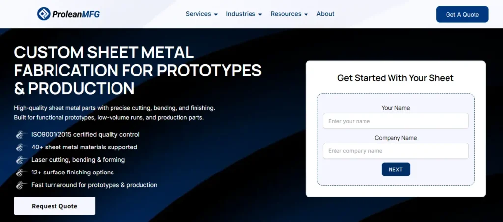 Showcase of Prolean MFG’s sheet metal fabrication services webpage. It highlights their capabilities, materials, and custom manufacturing options.