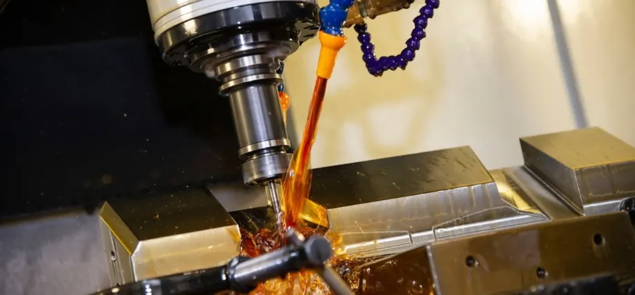 CNC milling of a large metal piece with coolant flowing 