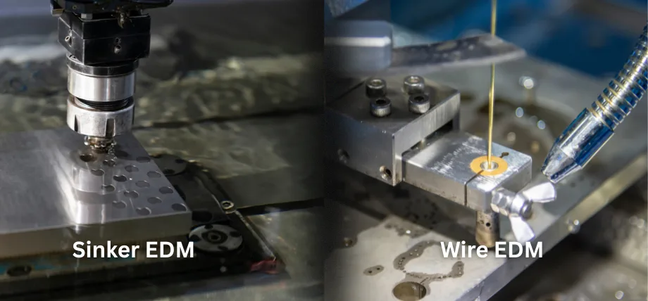 Sinker EDM cutting holes in a metal on the left with wire EDM cutting detail in a metal piece on the right and text “Sinker EDM vs Wire EDM”