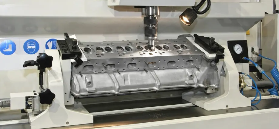 Large engine block in a CNC milling machine