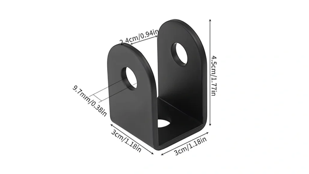 Black U-shaped bracket showing metric and imperial dimensions.