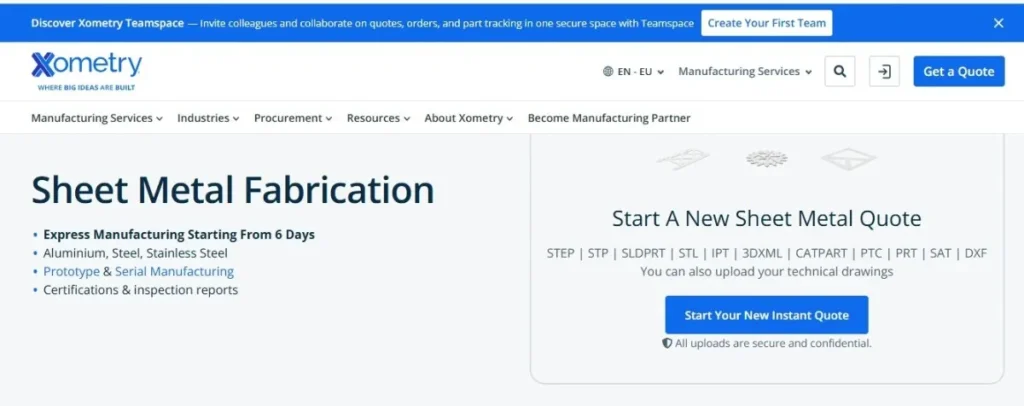 Showcase of Xometry's Sheet Metal Fabrication Services webpage, highlighting capabilities, materials, and custom manufacturing options.