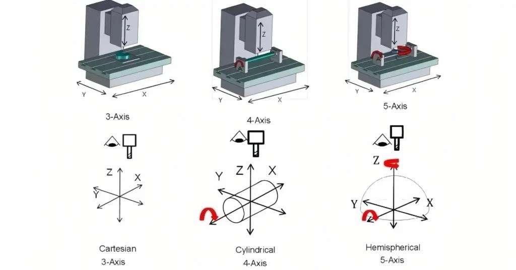 A schematic diagram illustrating the differences of 3 vs 4 vs 5 axis machining