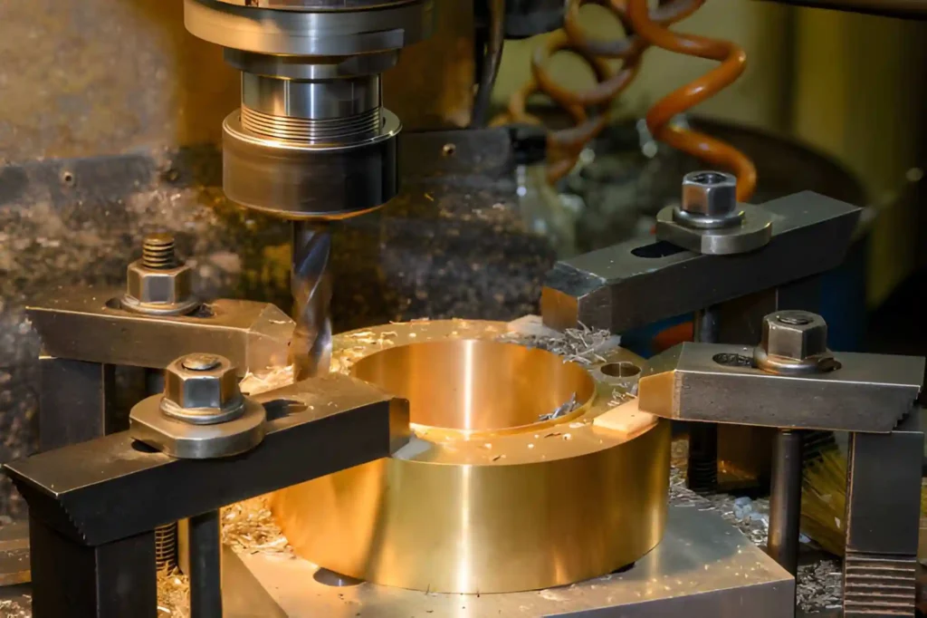 Drilling a brass workpiece on the NC milling machine.