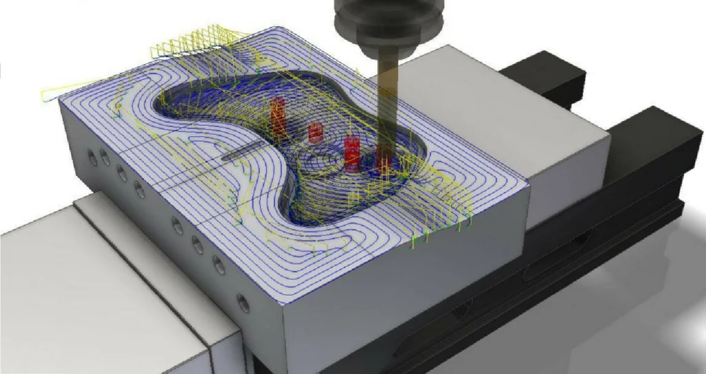 A close-up snippet of tool-path simulations in a CNC programming software 