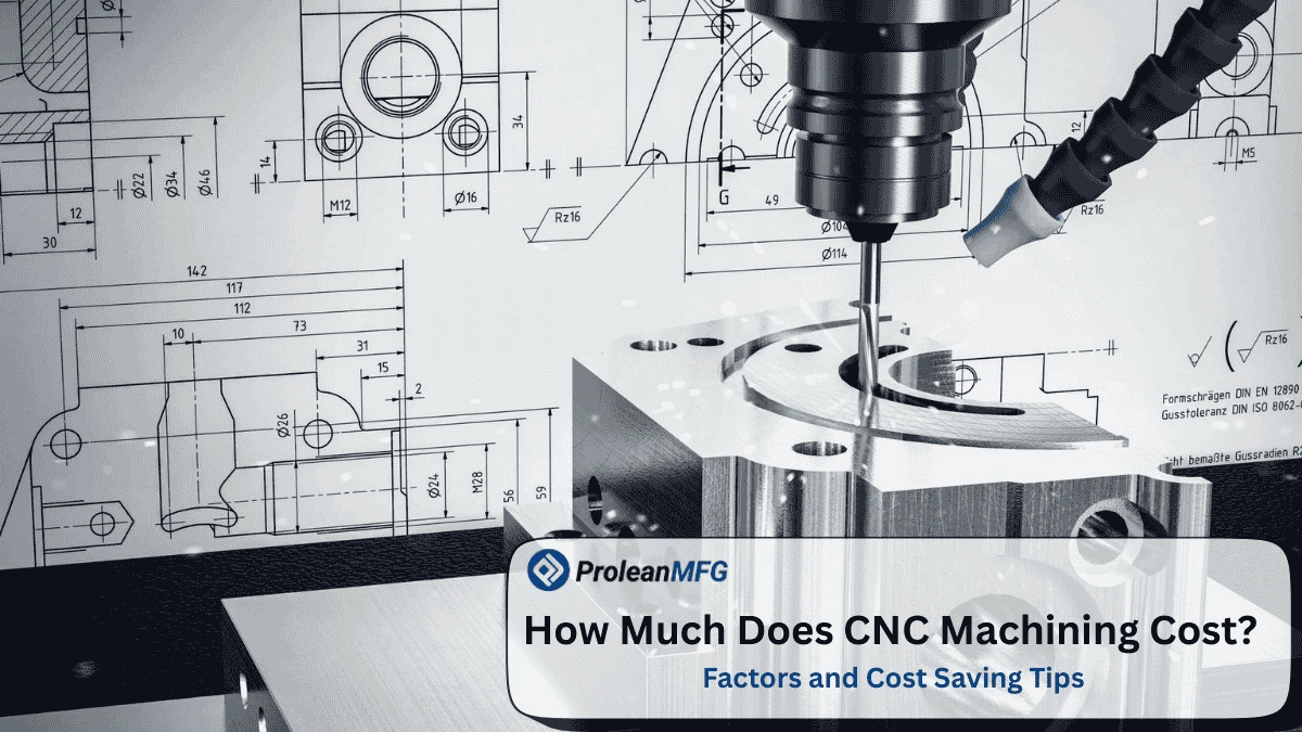 Blog’s feature image, showing CNC milling process with a part design in the background and Title text “ How Much Does CNC Machining Cost?”