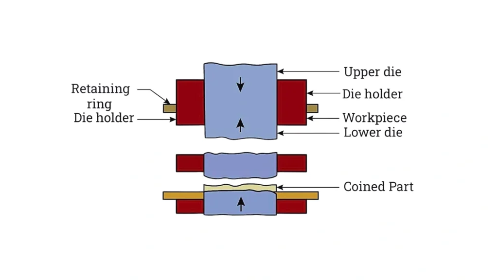 An illustration depicting sheet metal coining process.