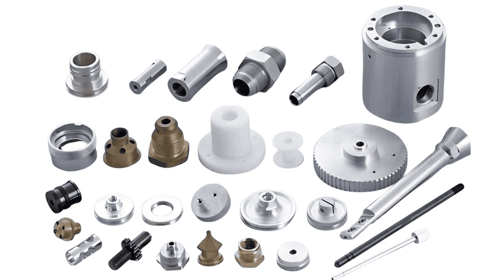 An image showing CNC-machined parts of different materials 