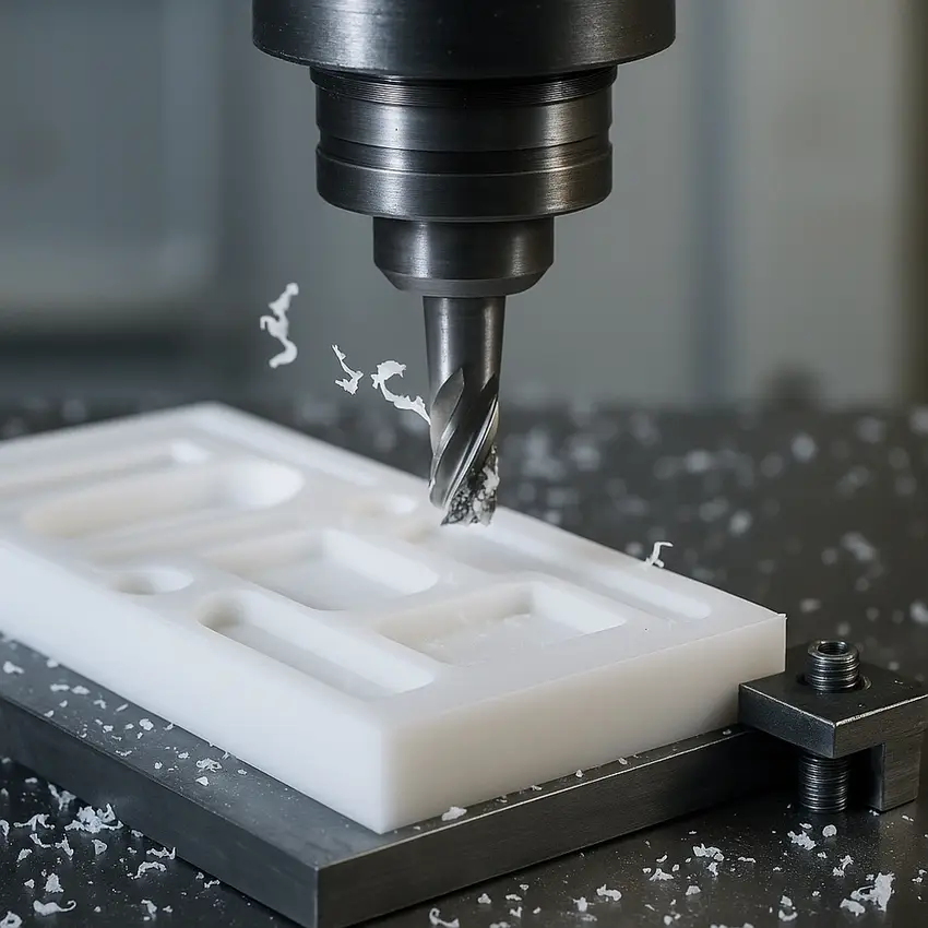 CNC milling machine cutting a white plastic block with an end mill, creating chips