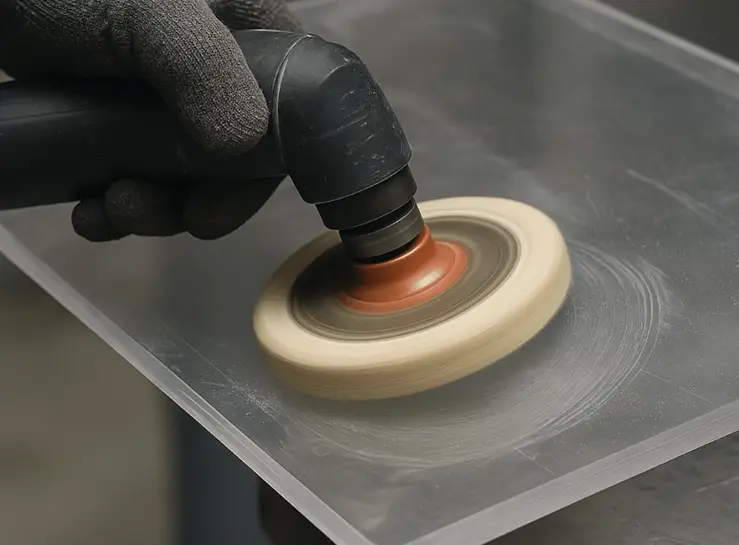 Hand polishing a machined plastic part with a rotary buffer on a flat surface