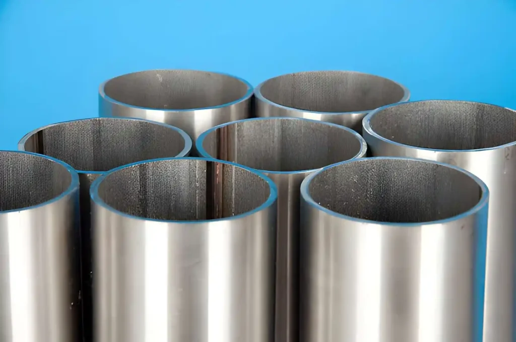 Neatly arranged austenitic stainless steel pipes on a blue background. 