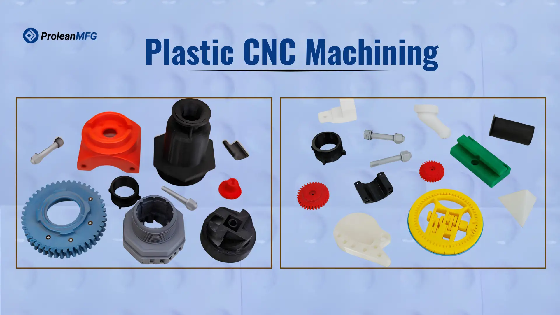 Blog feature image with machined plastic parts and overlaid bold text (CNC Plastic Machining)