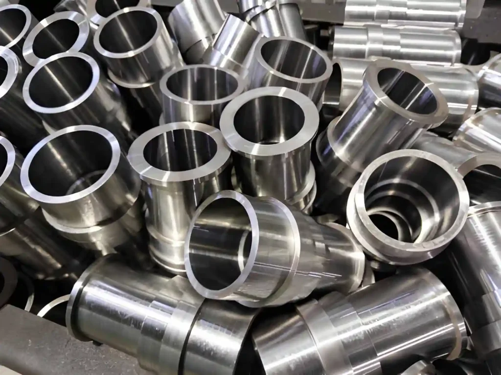 Shiny CNC-machined steel parts in an industrial setting.