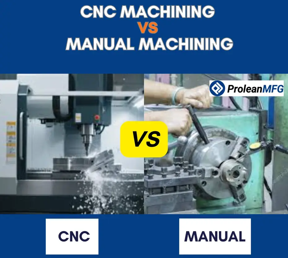 Side-by-side comparison of a CNC milling machine cutting metal and a machinist operating a manual lathe.