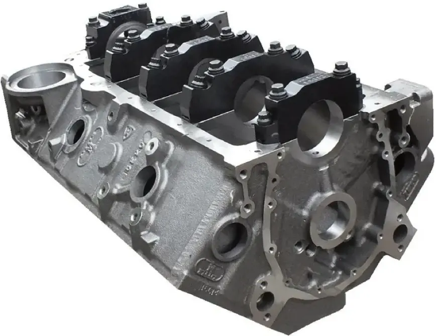 Gray cast iron V8 engine block with machined cylinder bores and bearing caps.