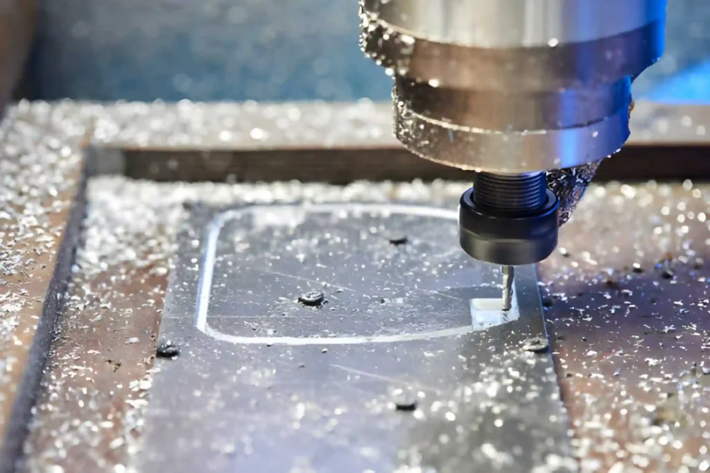 The image depicts cutting an aluminium billet with a milling machine.