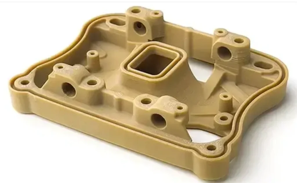 CNC machined PEEK plastic aerospace structural bracket with multiple precision bores and mounting features
