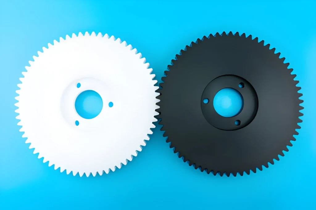 Connected black and white plastic gear with 68 sprockets on a blue background