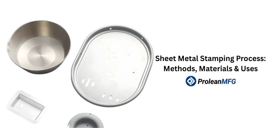 Various finished sheet metal stamped parts, including a deep-drawn bowl, perforated oval panel, rectangular tray, and small circular component, were displayed against a white background.