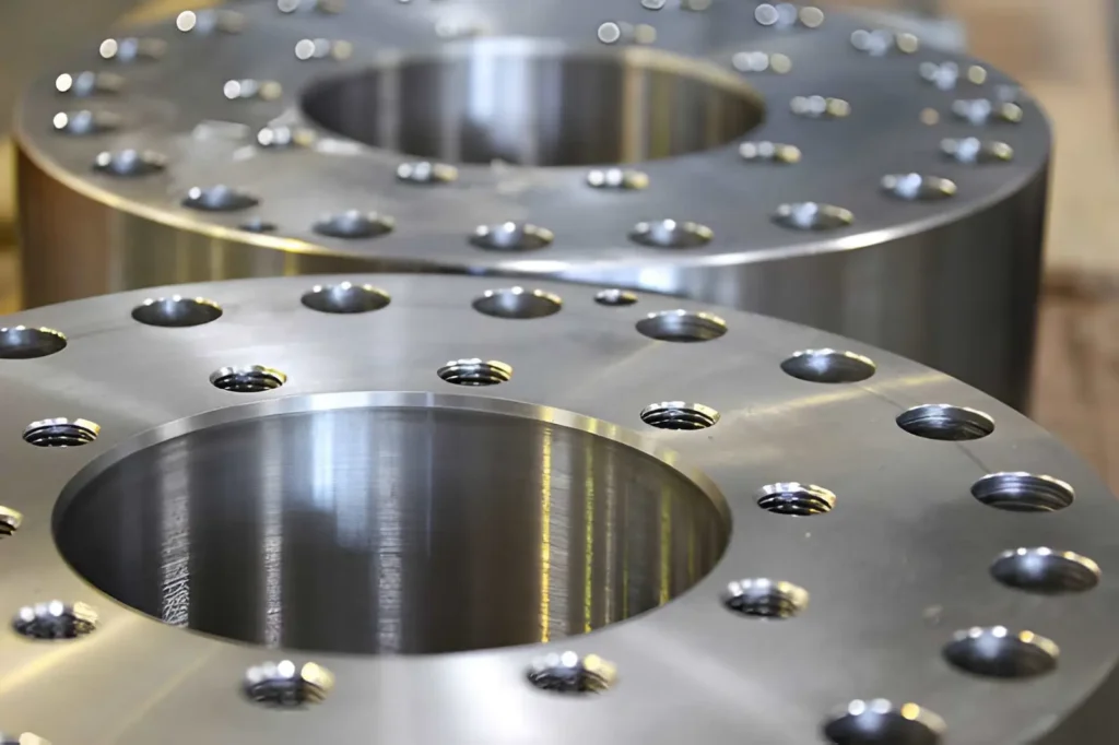 Two large stainless steel machined flanges placed side by side.