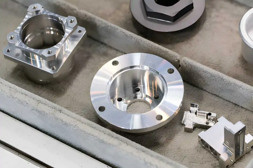 Stainless steel machined mechanical parts with fasteners used for assembly.