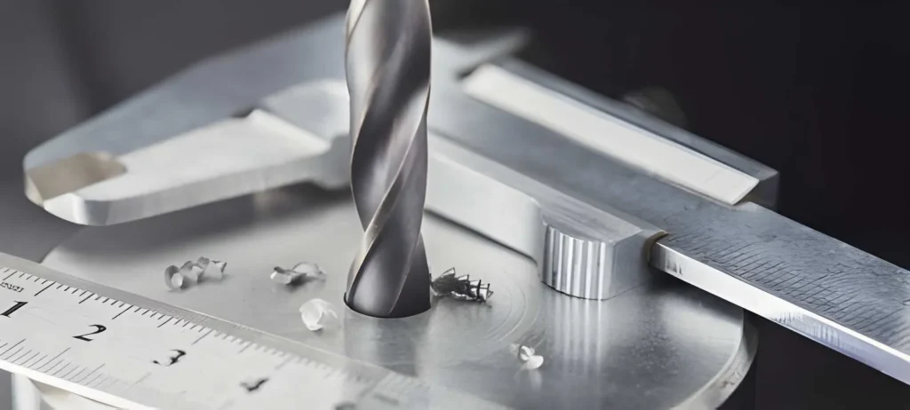 Metal drill bit making holes in a titanium part.