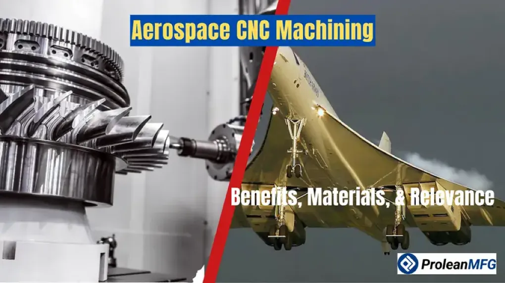 CNC machined aerospace turbine component alongside a landing aircraft — aerospace CNC machining feature image.