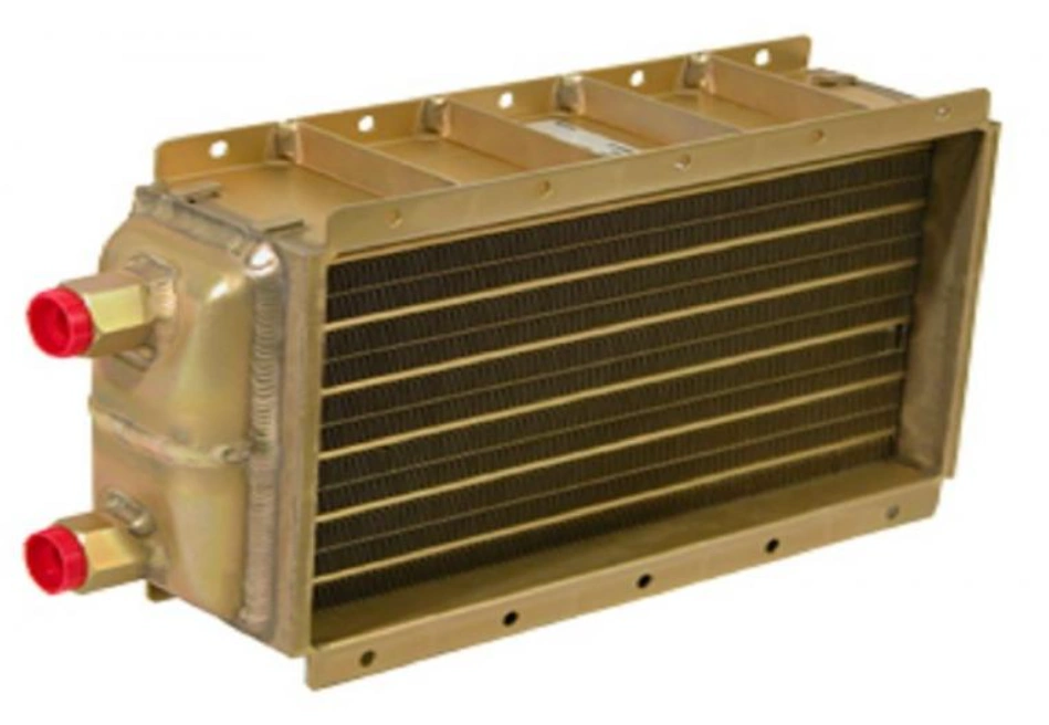 CNC machined aircraft heat exchanger with finned core and fluid inlet/outlet ports