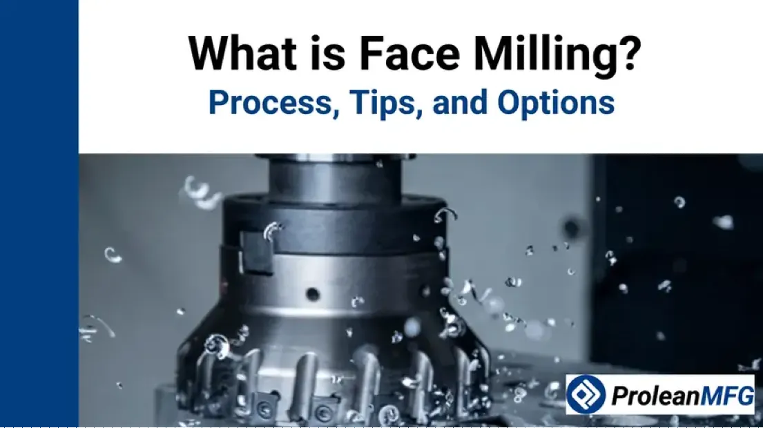 Close-up of a face milling cutter in operation with metal chips and coolant spraying, alongside "What is Face Milling? Process, Tips, and Options" title text.