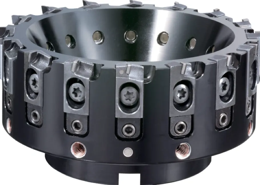 Large-diameter indexable face milling cutter with multiple carbide inserts mounted around its body.
