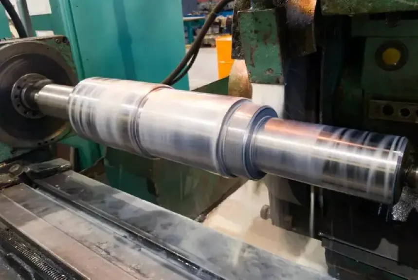 Large metal shaft being turned and finished on a manual lathe