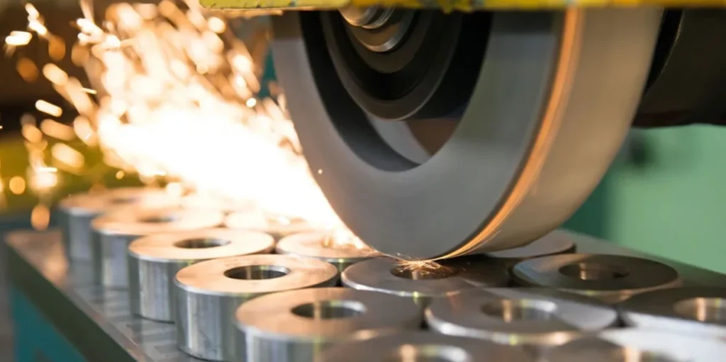 Surface grinding wheel machining a row of cylindrical metal parts with sparks flying.