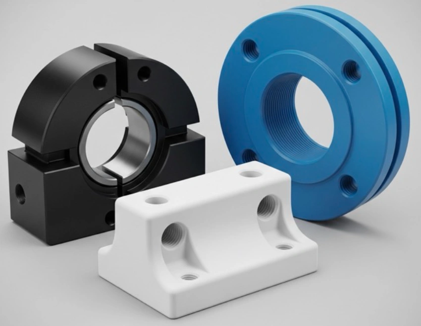 Three black, white, and blue plastic CNC-machined parts with internal and shoulder undercuts