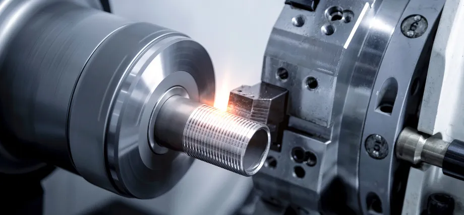 Precision CNC lathe machining a threaded cylindrical aluminum component