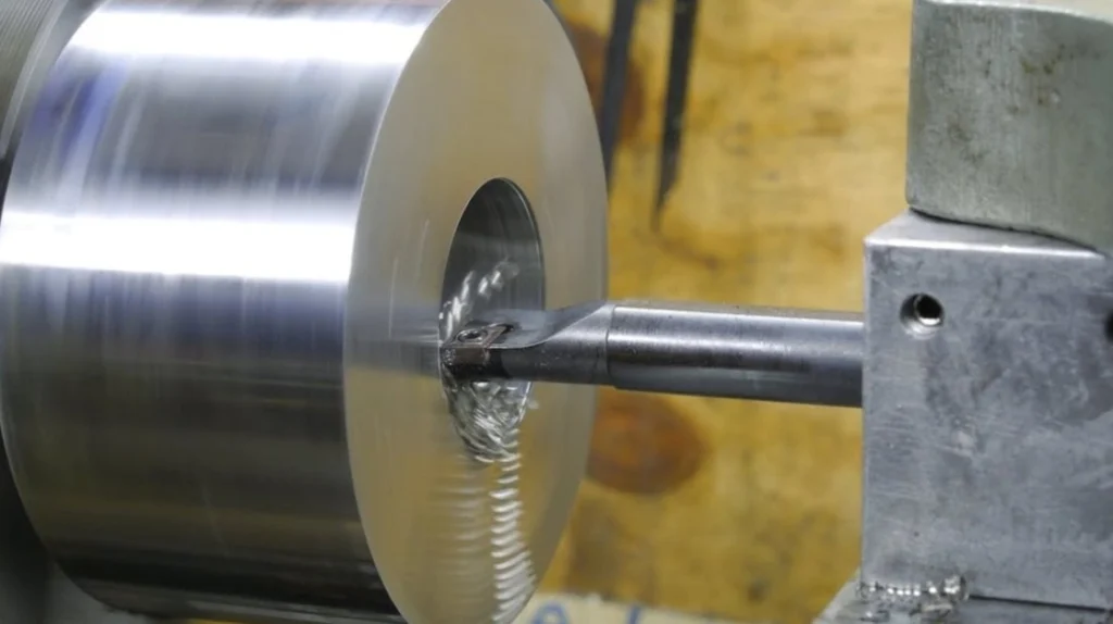 Boring bar with an insert enlarging an internal bore in a spinning metal workpiece during precision CNC metal machining