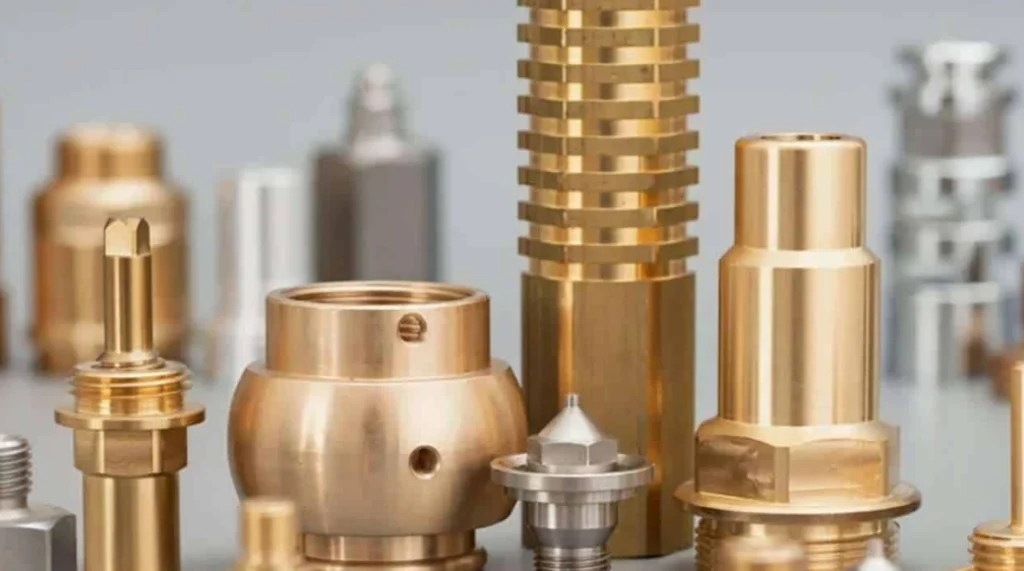 CNC-machined brass parts, including threaded fittings, a finned cylinder, valve body, and precision turned components 