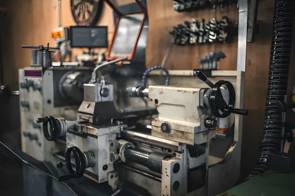 The image shows a manual lathe machine standing idle in a small workshop. The machine has a worn metal surface with visible signs of use.