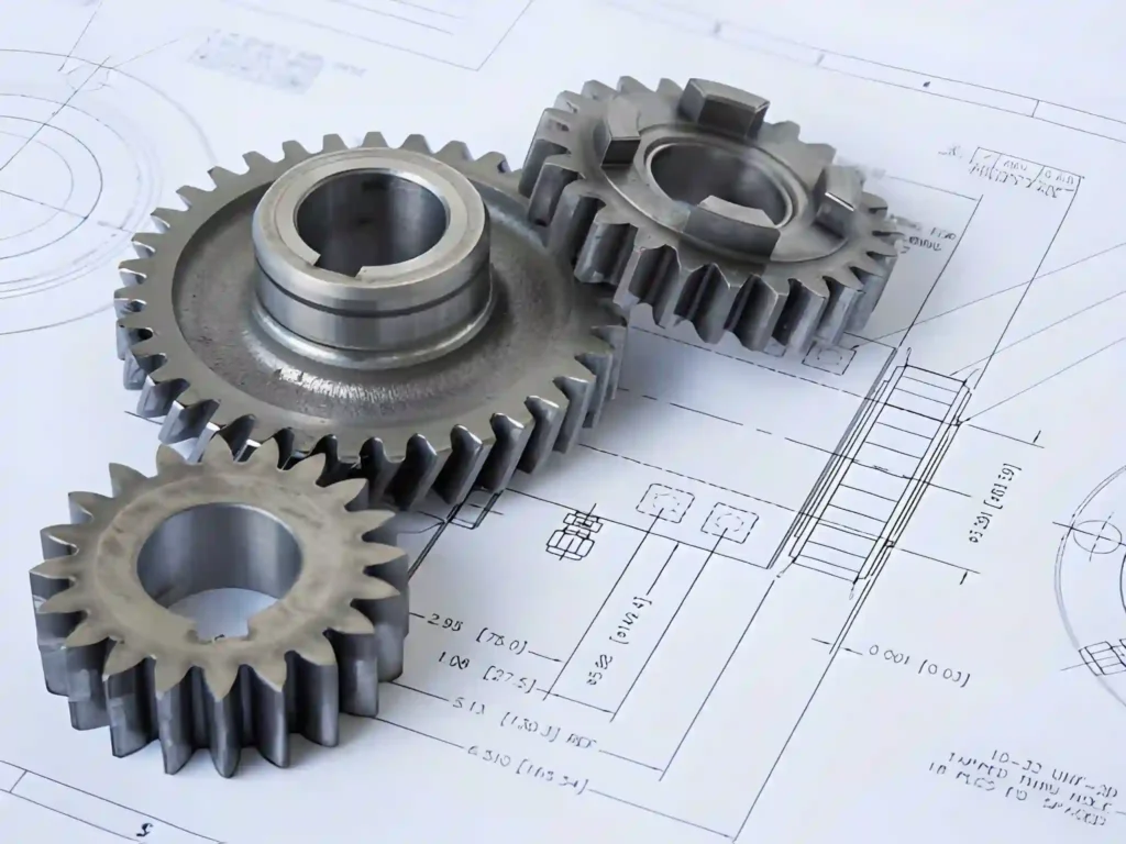 Metal gears placed on an engineering blueprint.