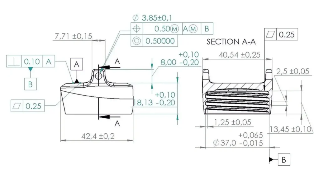 Diagram illustrating Geometric Dimensioning and Tolerancing (GD&T) for part features, showing form, position, and orientation controls.