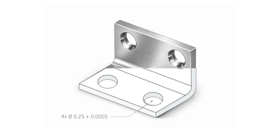 A 3D rendered L-shaped bracket with four precision-drilled holes (Ø 0.25 ± 0.0005 inches), shown in brushed stainless steel finish