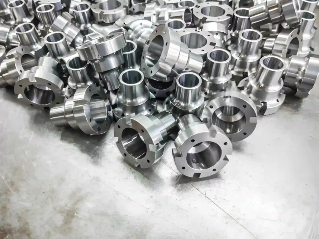 A batch of shiny steel parts after turning and drilling, displayed on the shop floor.