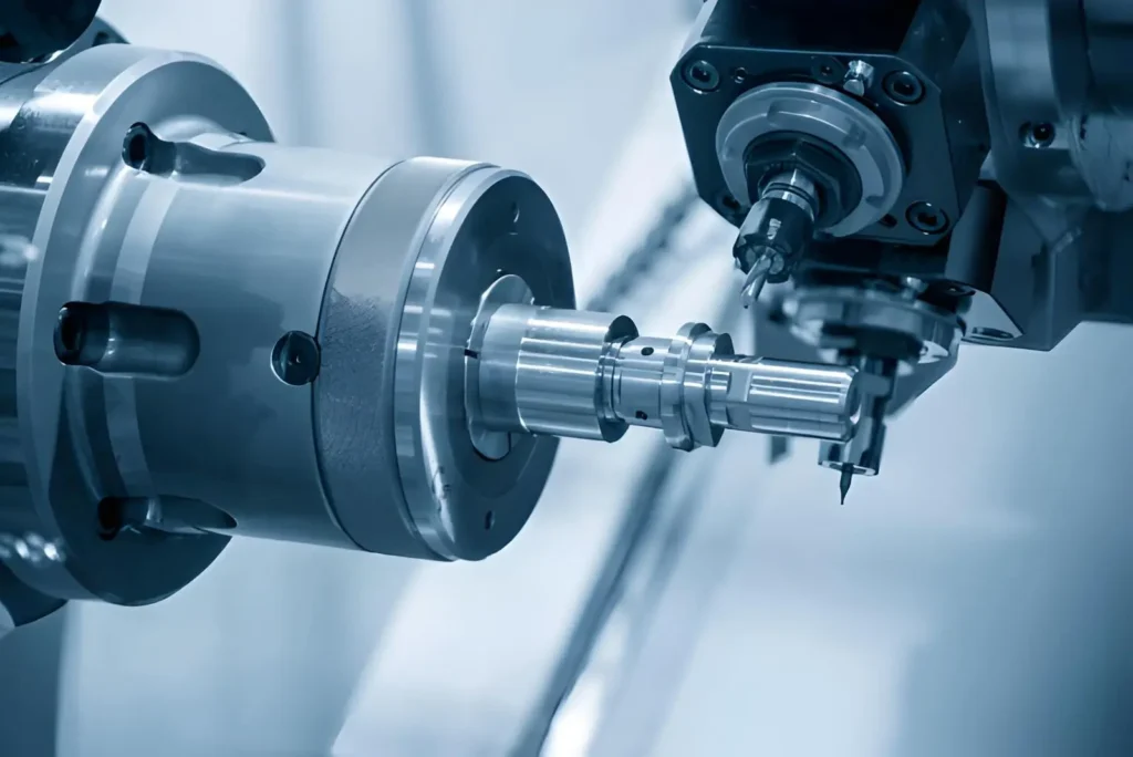 The image shows a Swiss CNC lathe machine performing a milling operation on a metal part. The workpiece is clamped in a collet and supported by a guide bushing.