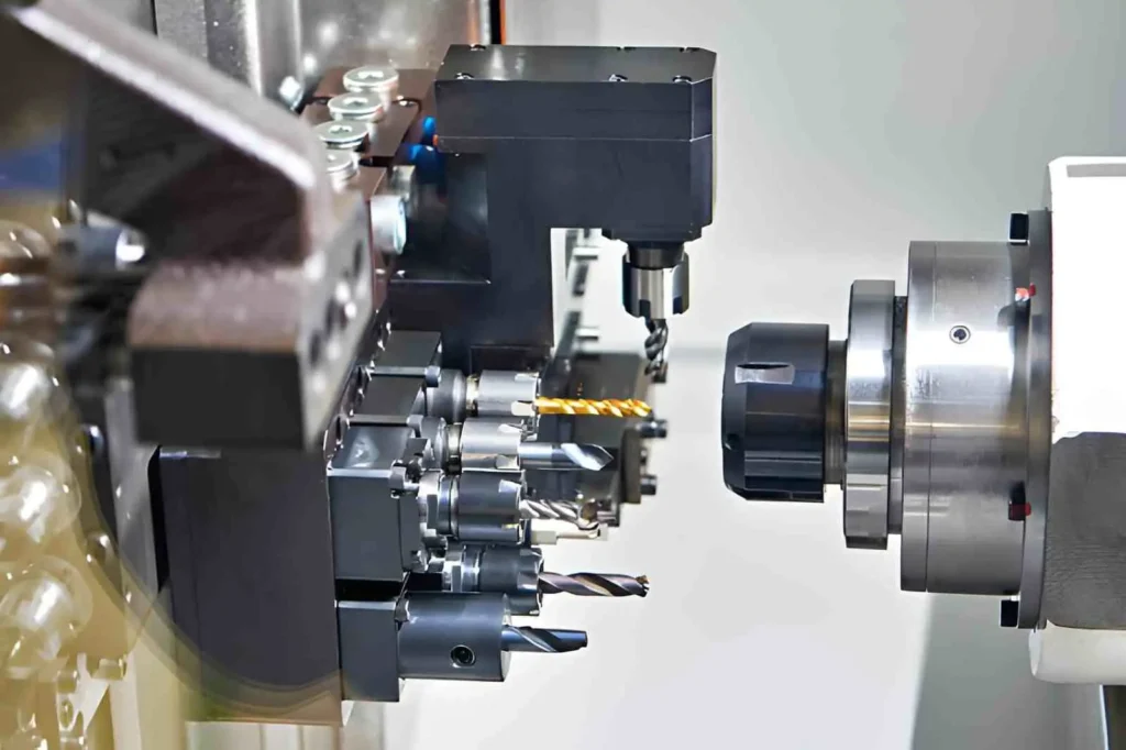 The image shows a Swiss CNC lathe with multiple toolholders arranged around the machining area.